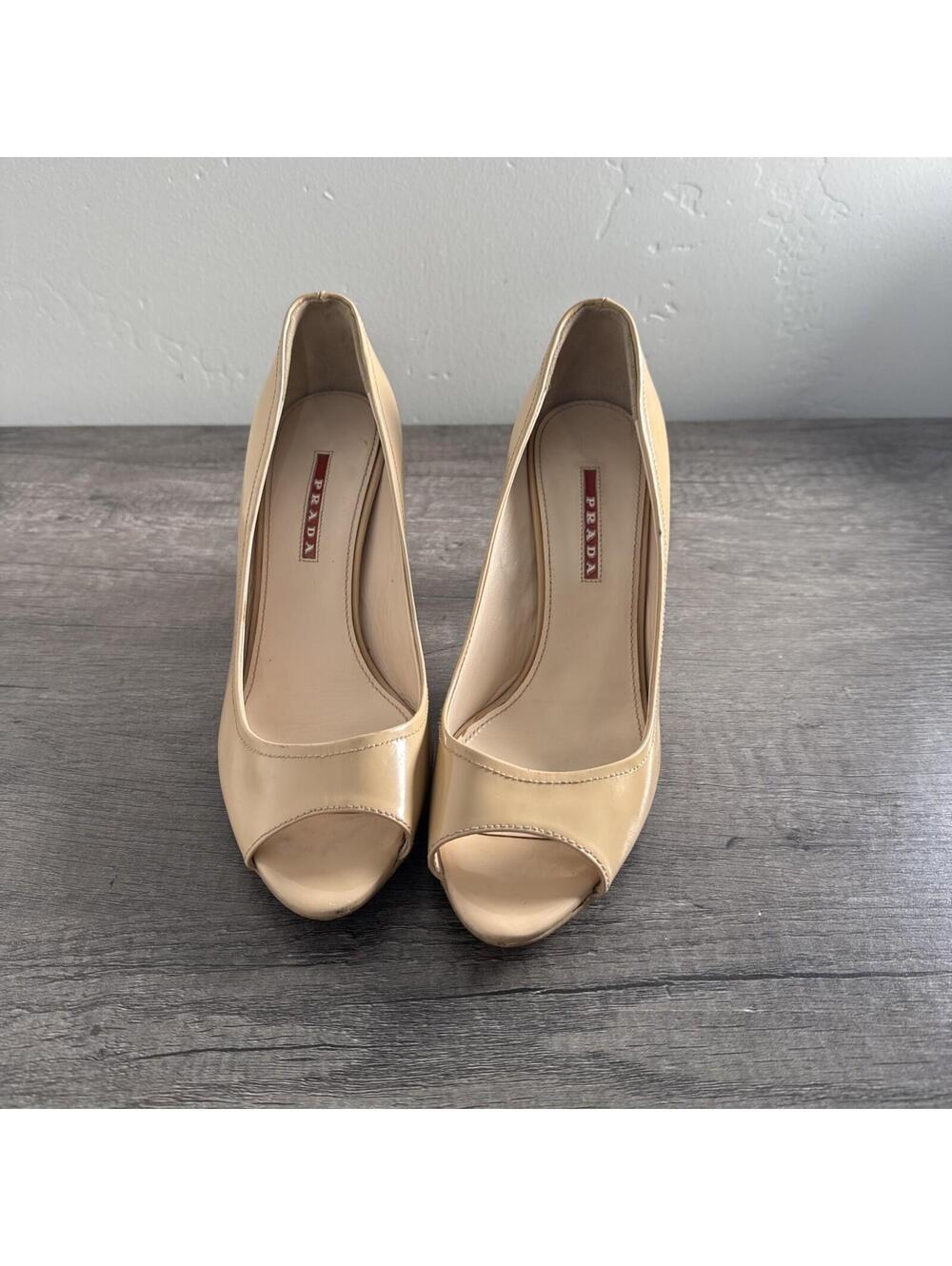 PRADA Patent Leather Peep Toe Stiletto Heels Beige Women's Size 38.5